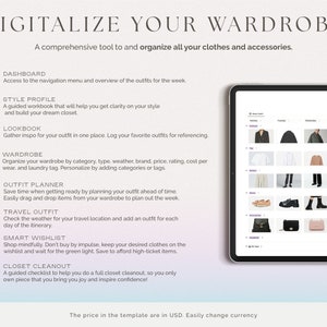 May include: A digital wardrobe planner with a tablet screen showing a weekly outfit layout. The screen displays a grid of clothing items, including shirts, pants, shoes, and accessories. The text on the screen reads "Week Outfits".