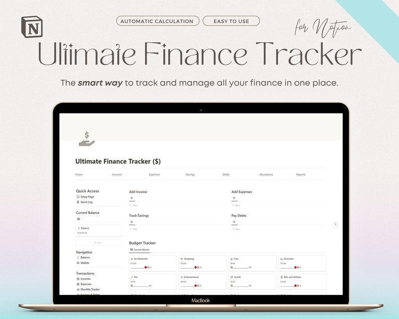 K&ouml;nnte beinhalten: Ein Laptop-Bildschirm zeigt eine Notion-Vorlage f&uuml;r einen pers&ouml;nlichen Finanztracker. Die Vorlage tr&auml;gt den Titel "Ultimate Finance Tracker (&euro;)" und enth&auml;lt Abschnitte f&uuml;r Einnahmen, Ausgaben, Ersparnisse, Schulden und Berichte. Die Vorlage soll Benutzern helfen, ihre Finanzen an einem Ort zu verfolgen und zu verwalten.