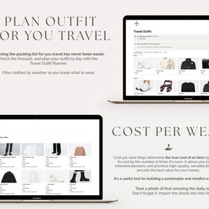 May include: A laptop computer screen displaying a website with the text "Plan Outfit for You Travel" and "Cost Per Wear". The website is a tool for planning travel outfits and calculating the cost per wear of each item.