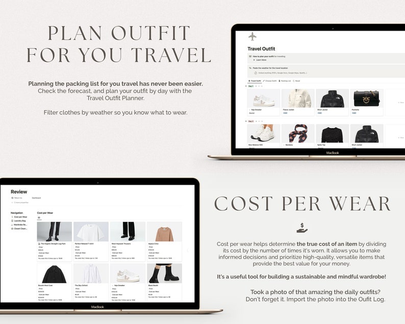 May include: A laptop computer screen displaying a website with the text "Plan Outfit for You Travel" and "Cost Per Wear". The website is a tool for planning travel outfits and calculating the cost per wear of each item.