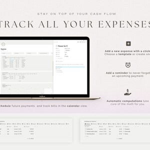May include: A laptop computer screen displaying a budgeting app with the text "TRACK ALL YOUR EXPENSES". The app has a calendar view, a list of expenses, and a section for adding new expenses. The app also has a feature for adding reminders for upcoming payments.