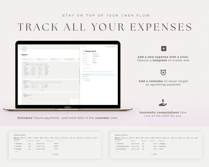 May include: A laptop computer screen displaying a budgeting app with the text "TRACK ALL YOUR EXPENSES". The app has a calendar view, a list of expenses, and a section for adding new expenses. The app also has a feature for adding reminders for upcoming payments.