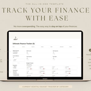 K&ouml;nnte beinhalten: Ein Laptop-Bildschirm zeigt eine Budget-Tracker-Vorlage an. Die Vorlage tr&auml;gt den Titel "Ultimate Finance Tracker (&euro;)" und enth&auml;lt Abschnitte f&uuml;r Einkommen, Ausgaben, Ersparnisse und Schulden. Der Bildschirm zeigt auch einen Abschnitt f&uuml;r "Schnellzugriff" und einen Abschnitt "Budget-Tracker" mit Kategorien f&uuml;r Wohnen, Transport, Lebensmittel und Unterhaltung.
