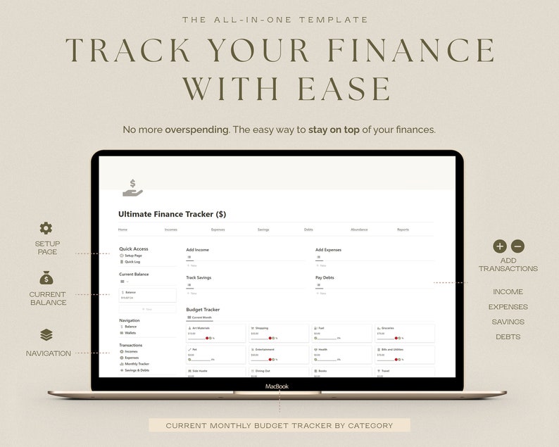 K&ouml;nnte beinhalten: Ein Laptop-Bildschirm zeigt eine Budget-Tracker-Vorlage an. Die Vorlage tr&auml;gt den Titel "Ultimate Finance Tracker (&euro;)" und enth&auml;lt Abschnitte f&uuml;r Einkommen, Ausgaben, Ersparnisse und Schulden. Der Bildschirm zeigt auch einen Abschnitt f&uuml;r "Schnellzugriff" und einen Abschnitt "Budget-Tracker" mit Kategorien f&uuml;r Wohnen, Transport, Lebensmittel und Unterhaltung.