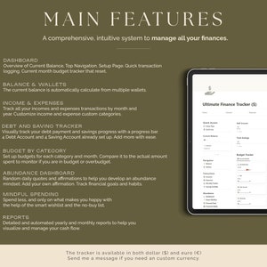 K&ouml;nnte beinhalten: Ein digitales Tablet zeigt eine Budgetierungs-App namens "Ultimate Finance Tracker ($)" an. Die App verf&uuml;gt &uuml;ber ein Dashboard mit Abschnitten f&uuml;r Einnahmen, Ausgaben, Schulden, Ersparnisse und Budgetierung. Die App enth&auml;lt auch einen Abschnitt f&uuml;r t&auml;gliche Zitate und Affirmationen, um Benutzern zu helfen, eine F&uuml;lle-Mentalit&auml;t zu entwickeln.