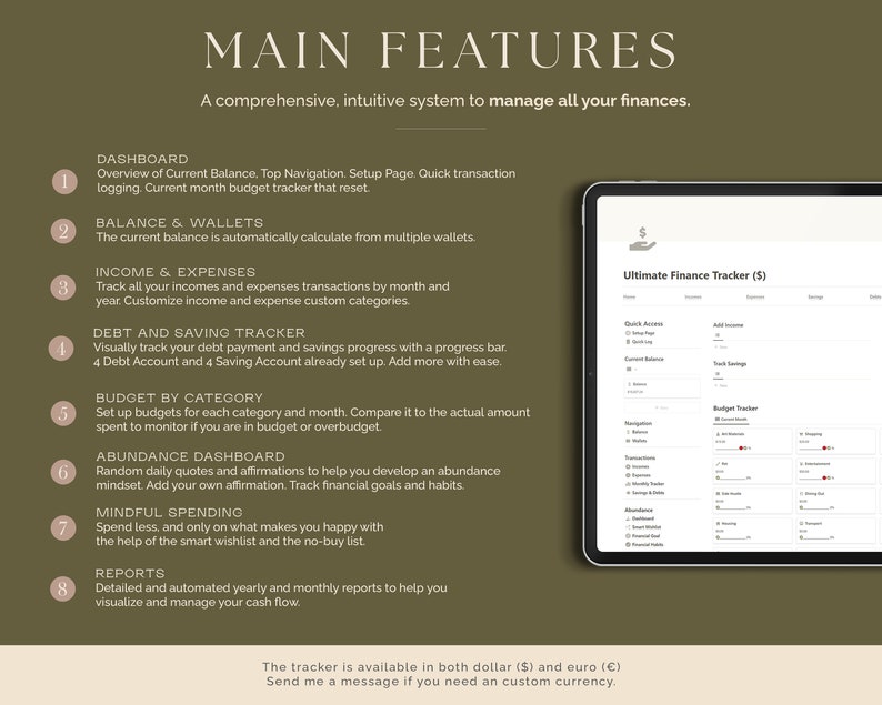 K&ouml;nnte beinhalten: Ein digitales Tablet zeigt eine Budgetierungs-App namens "Ultimate Finance Tracker ($)" an. Die App verf&uuml;gt &uuml;ber ein Dashboard mit Abschnitten f&uuml;r Einnahmen, Ausgaben, Schulden, Ersparnisse und Budgetierung. Die App enth&auml;lt auch einen Abschnitt f&uuml;r t&auml;gliche Zitate und Affirmationen, um Benutzern zu helfen, eine F&uuml;lle-Mentalit&auml;t zu entwickeln.