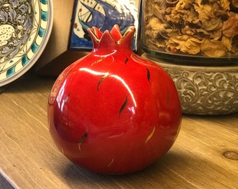 Ceramic Red Pomegranate, Red Vase, Handmade Gold Gilding and Leaf Embroidered Red Pomegranate Decorative Ceramic Vase Accessory