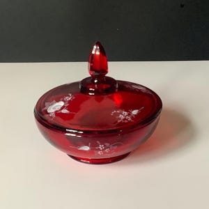 Fenton Ruby Red Hand-Painted Lidded Candy Dish — Vintage Red Dish with Lid — Handpainted Glass — Signed by H. Lewis V. — Collectible