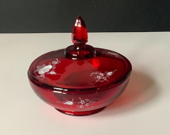 Fenton Ruby Red Hand-Painted Lidded Candy Dish — Vintage Red Dish with Lid — Handpainted Glass — Signed by H. Lewis V. — Collectible