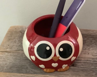 Handpainted Love Owl — Owl Candle Holder — Owl Pencil Holder --Dorm Room Desktop