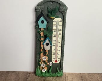 Vintage Birdhouse Wall Thermometer — Garden Decor — Birdhouse & Floral Outdoor Decor — CottageCore Wall Hanging