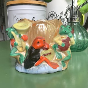 Vintage MCM Frog Musician Pottery Vase Planter – Whimsical Collectible