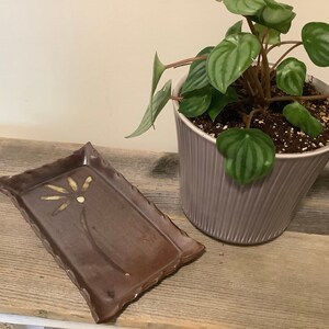 May include: A rectangular, brown ceramic tray with a stylized flower design in the center. The tray has a scalloped edge and sits on a wooden surface. A potted plant with green leaves is next to the tray.