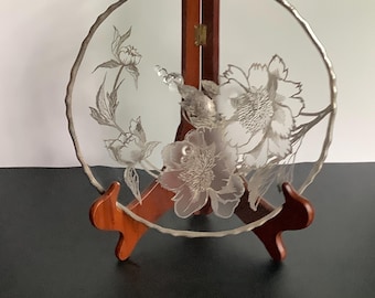 Vintage Glass Pedestal Plate with Silver and Floral Design — Glass Cake Stand — Floral Serving Plate with Feet