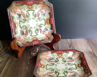 Vintage Chinese Hua Ping Tang Zhi Handpainted Rooster Plate — Decorative Square Plate (set of 2) — Collectible Plate