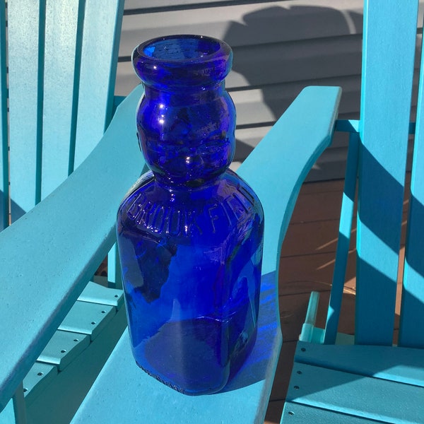 Vintage 1950s to 1960s Brookfield Quart Milk Bottle —  Cobalt Blue Glass  -- Baby Top Milk Bottle — Baby Face Bottle -- Retro Blue Glass