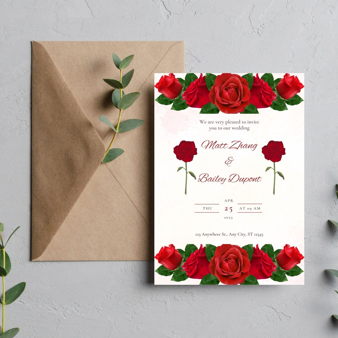 Red Rose Wedding Invitation Template Set, Dark Red Floral Gold Frame ...