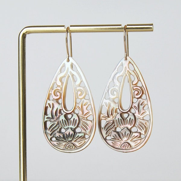 FLORAL SHELL carved mother of pearl drop shape earrings, iridescence nacre black brown white color, 14k gold fill, flower leaves nature