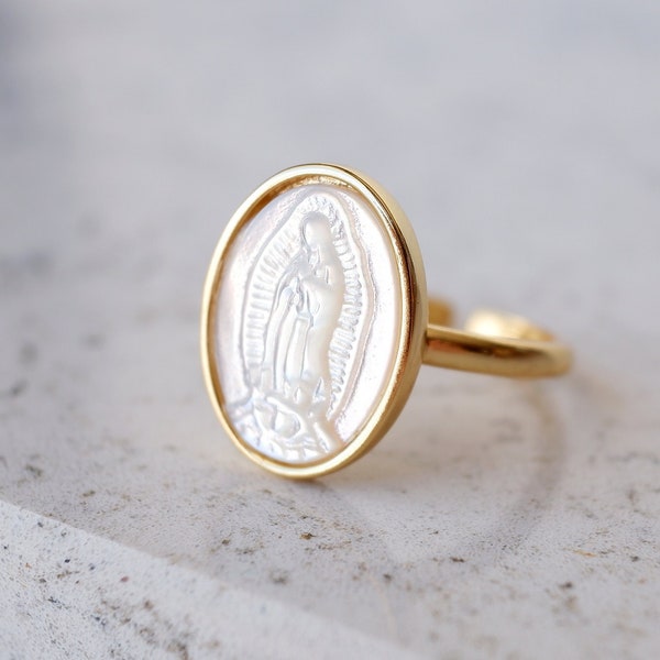 OUR LADY of Guadalupe, mother of pearl adjustable ring, 18k gold over 925 sterling silver, virgin mary religious catholic, signet medallion