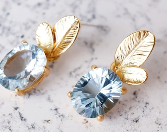 SKY BLUE TOPAZ earrings, natural Brazil, leaf nature forest inspire gold vermeil  925 sterling silver post bridal bridesmaid prom November