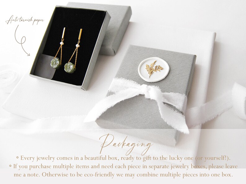 May include: A gray jewelry box with a white ribbon and a wax seal with a gold leaf design. The text "Packaging" is written in cursive on the box. The text "Every jewelry comes in a beautiful box, ready to gift to the lucky one (or yourself!). If you purchase multiple items and need each piece in separate jewelry boxes, please leave me a note. Otherwise to be eco-friendly we may combine multiple pieces into one box." is written below the box.