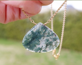 MOSS AGATE necklace, natural precious green aquatic quartz gemstone, statement, 14k gold fill, nature forest, large drop, boho bohemian