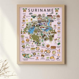 Poster du Suriname pour enfants rose - Carte colorée avec des plats traditionnels du Suriname pour chambre d'enfants | Décoration murale culturelle amusante par Maison Maps