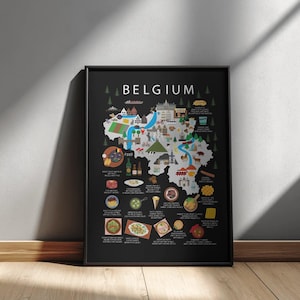 Póster infantil con mapa de Bélgica: Divertida decoración de pared sobre comida y cultura.