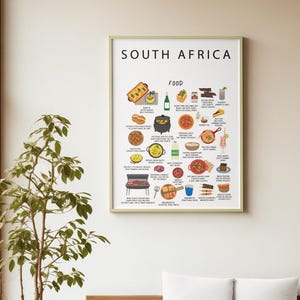 Poster Cuisine d'Afrique du Sud blanc| Art mural cuisine traditionnelle sud-africaine | Décoration | Cadeau parfait pour les gastronomes, les expatriés et les voyageurs