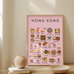 Hong Kong Food Poster Rosa | Cantonesische Küche Wandkunst | Dim Sum Eierkuchen Wonton Nudeln | Expat Geschenk Küche Dekor | Hong Kong Street Food