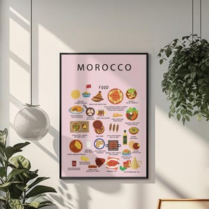 Poster cuisine marocaine rose | Art mural cuisine marocaine authentique | tajine, couscous, thé à la menthe | Décoration de cuisine | Cadeau pour expatrié | Impression de voyage