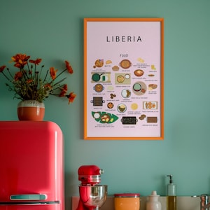 Poster alimentaire Liberia rose | Art mural cuisine libérienne authentique | Riz Jollof, sauce Palava, soupe aux poivrons | Décoration de cuisine | Cadeau pour expatrié