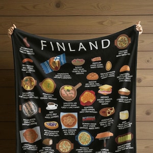 Puede incluir: Una manta negra con una colorida guía ilustrada de la cocina finlandesa. La manta muestra varios platos con sus nombres, incluyendo sopas, pasteles y platos de carne, con la palabra "FINLANDIA" en la parte superior.