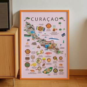 Curaçao Kids Poster Rosa | Ess- und Kulturkarte für Kinder in der Karibik | Fun Island Wandkunst von Maison Maps