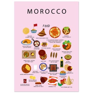 Morocco Food Poster Pink | Authentic Moroccan Cuisine Wall Art | Tagine, Couscous, Mint Tea | Kitchen Decor | Expat Gift | Travel Print