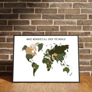 Mapa del mundo para crear recuerdos / Camuflaje verde / Digital / Educativo / Camuflaje / Viajes / Impresión militar / Escolar / Descargar / JPG / PDF / Niños