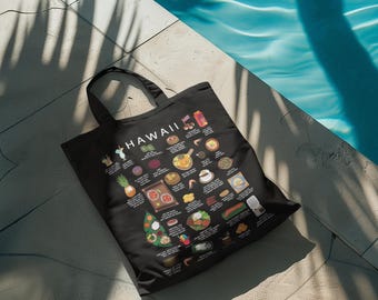 Bolsa de tela con comida hawaiana: ilustración de comida callejera isleña de algodón orgánico