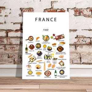Frankreich Food Map Printable Weiß | Französische Küche Wandkunst | Croissants, Käse, Wein & Mehr | Digital Download Küche Dekor
