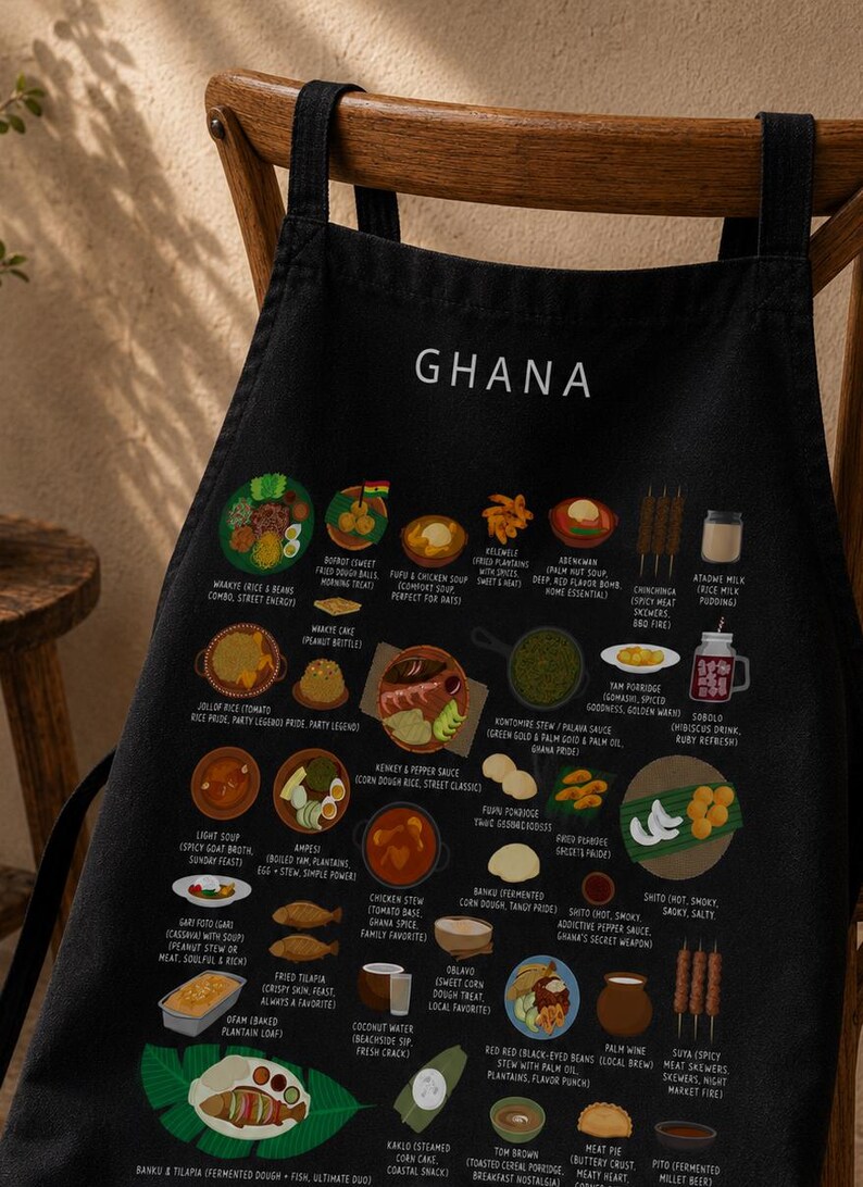 Ghana Food Apron featuring colorful illustrations of Jollof Rice, Kelewele, Fufu, Grilled Tilapia, Groundnut Soup, and Sobolo. Vibrant West African cuisine apron celebrating Ghana’s bold flavors and rich culture. Made from durable polyester canvas, perfect for home cooks and African food lovers. Ideal gift for foodies and travelers inspired by Ghanaian street food.