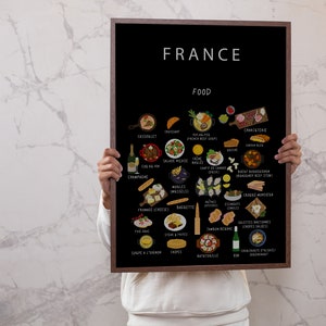 Frankreich Food Map Printable | Französische Küche Wandkunst | Croissants, Käse, Wein & Mehr | Digital Download Küche Dekor