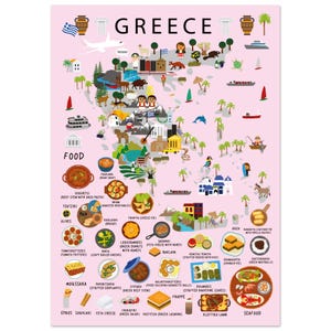 Affiche pour enfants de la Grèce | Carte colorée de la cuisine et de la culture grecques pour chambre d'enfant | Décoration murale éducative amusante par Maison Maps