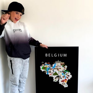 Affiche de la Belgique | Papier | Éducatif | 50 x 70 cm | Enfants | Carte du monde | Chambre d'enfant | Voyage | Décoration murale salle de jeux | Bruxelles | Anvers