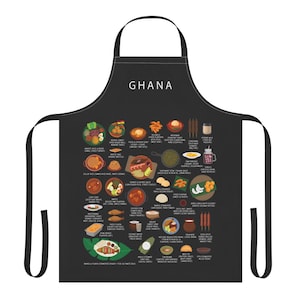 Ghana Food Apron featuring colorful illustrations of Jollof Rice, Kelewele, Fufu, Grilled Tilapia, Groundnut Soup, and Sobolo. Vibrant West African cuisine apron celebrating Ghana’s bold flavors and rich culture. Made from durable polyester canvas, perfect for home cooks and African food lovers. Ideal gift for foodies and travelers inspired by Ghanaian street food.