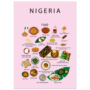 Nigeria Food Poster Pink | Authentic Nigerian Cuisine Wall Art | Jollof Rice, Egusi Soup, Suya | Kitchen Decor | Expat Gift