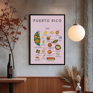 Poster di cibo portoricano rosa / Arte murale della cucina caraibica tradizionale / Decorazione da cucina e da viaggio / Mofongo / Tostones / Pastelón / Idea regalo