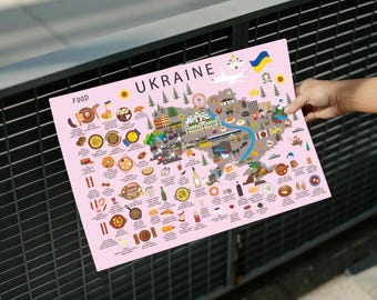 Ukraine Kids Poster Pink – Colorful and Fun Ukrainian Map with Traditional Foods