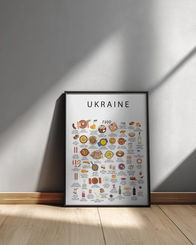 Ukraine food poster featuring borscht, varenyky, deruny, holubtsi, pampushky, syrnyky, kutia, and salo. Vibrant Ukrainian cuisine wall art for kitchen décor, restaurants, Eastern European food lovers, travelers, and perfect gifts for expats missing home.