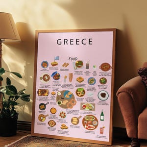 Griechenland Food Poster Rosa | Griechisch Küche Wandkunst | Mediterran Küche Dekor | Griechisches Essen Illustration | Geschenk für Food Lover und Expats