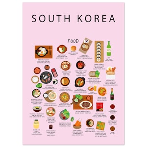 South Korea Food Poster Pink | Korean Cuisine Wall Art | Street Food | K-Food Gift for Expats and Foodies | Illustrated Dosirak Decor