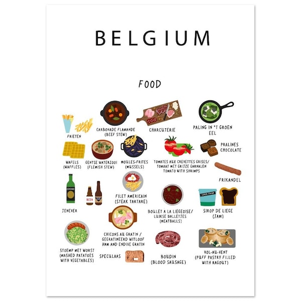 Poster représentant une cuisine belge, blanc | Papier | Éducatif | 50 x 70 cm | Carte du monde | Cuisine | Voyage | Décoration murale | Bruxelles | Cuisine | Belgique